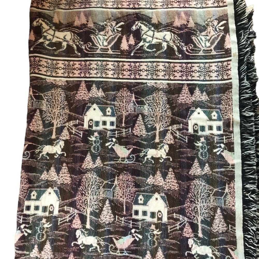Holiday Sofa Tapestry Throw Christmas Hometown Village Reversible W/Fringe 72X52